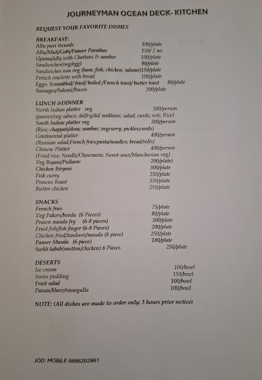 Homemade meals menu